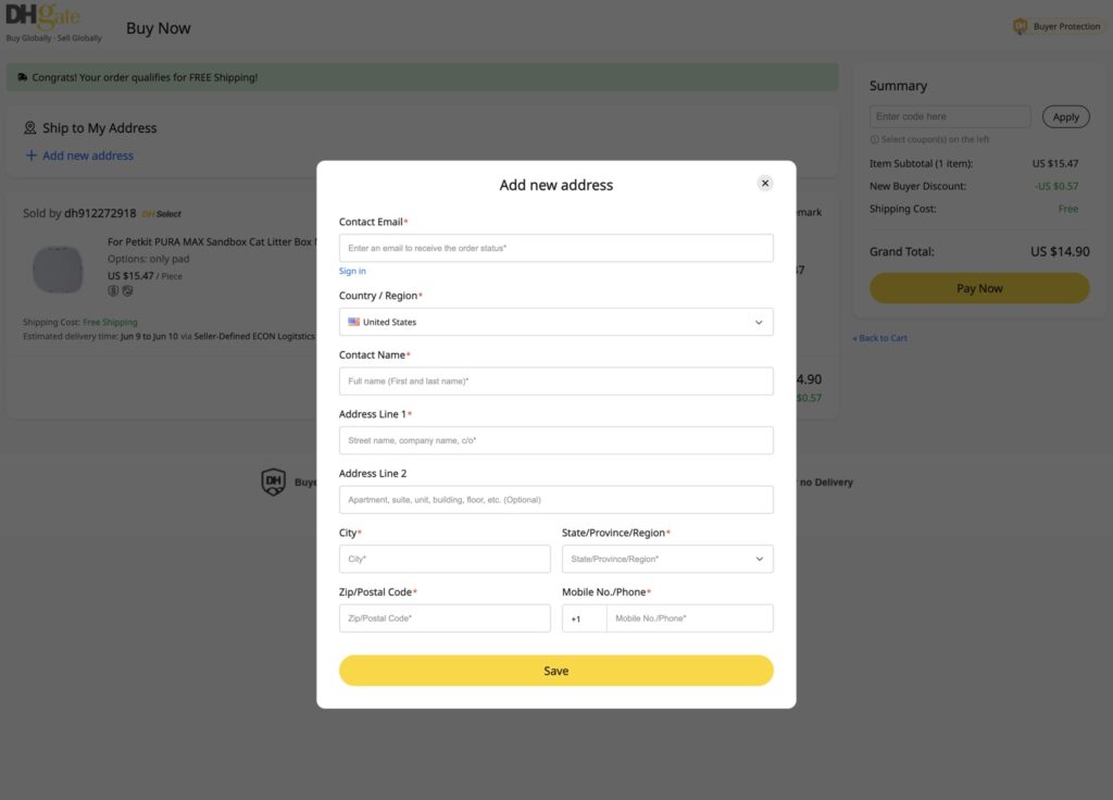 add adress in dhgate